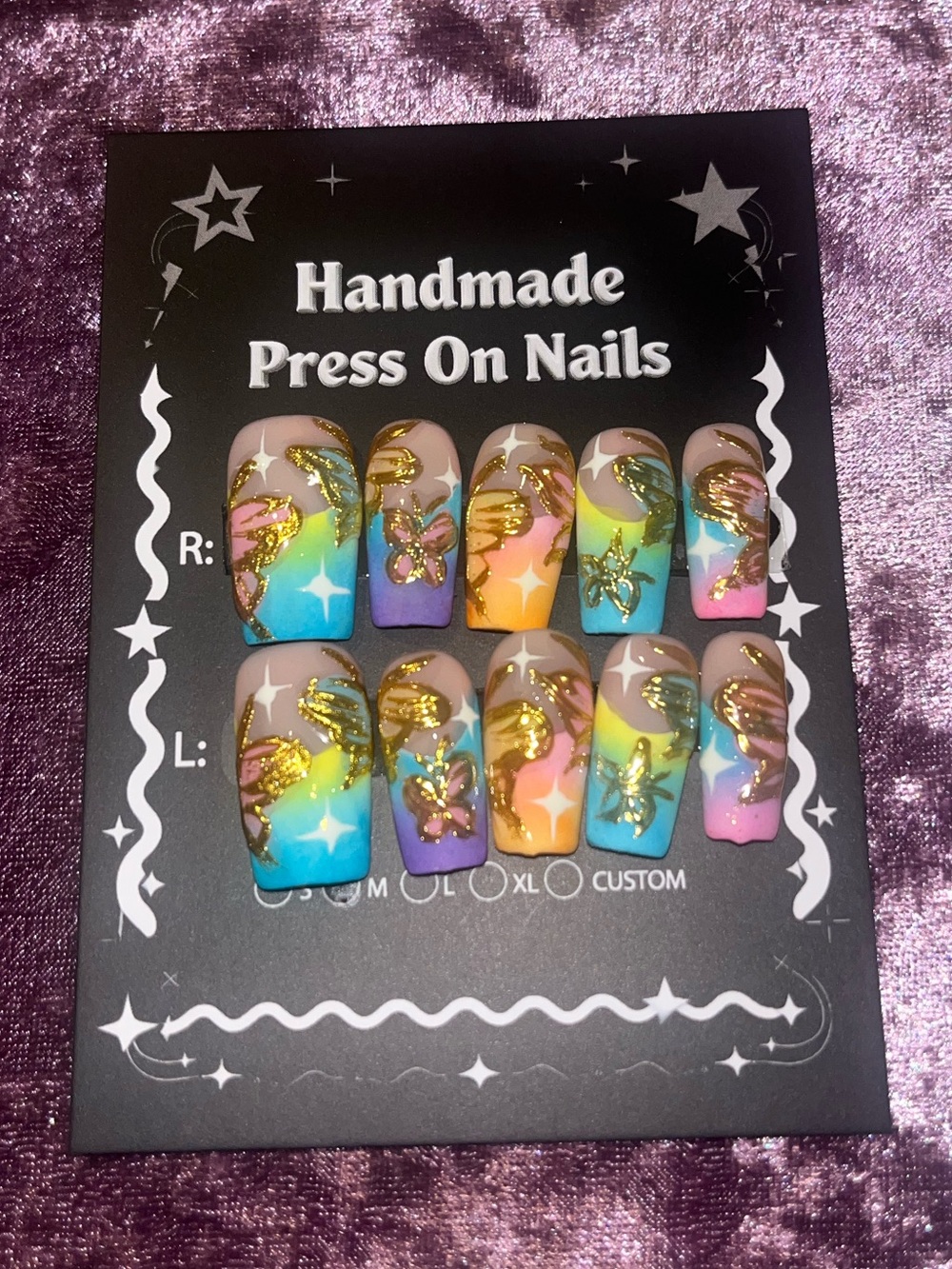 Handmade Multicolor Press On Nails with Gold Butterfly Accents